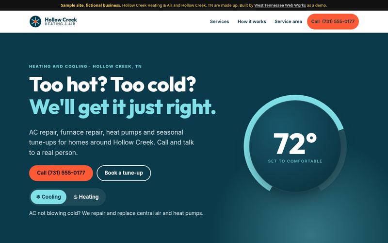 Home page of the Hollow Creek Heating and Air demo site