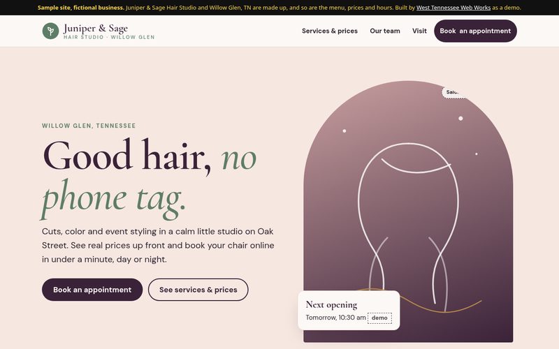 Home page of the Juniper and Sage Hair Studio demo site, a soft blush layout with a Book an appointment button