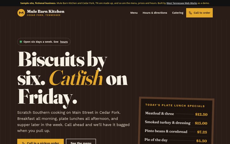 Home page of the Mule Barn Kitchen demo site, a dark brown diner layout with a plate lunch specials board